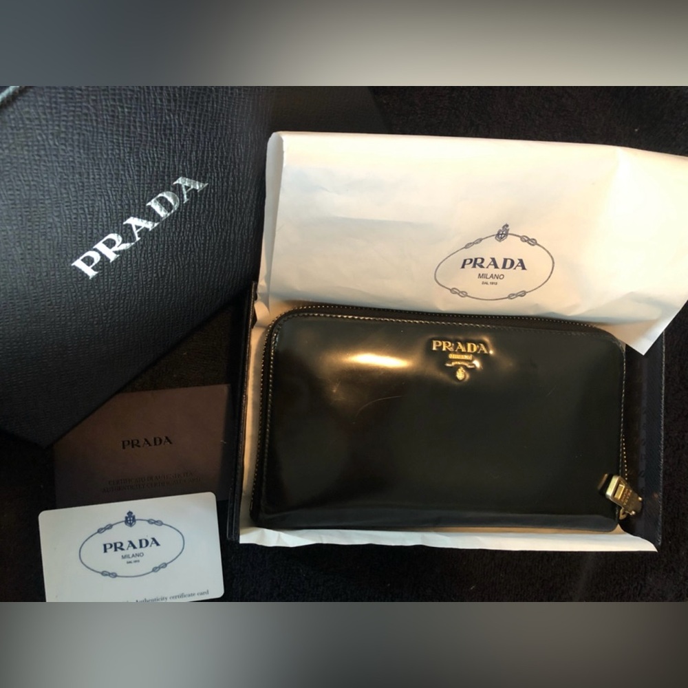 Auth Prada Black smooth long Wallet Nero in Box + Card M10506 spazzolatto 1